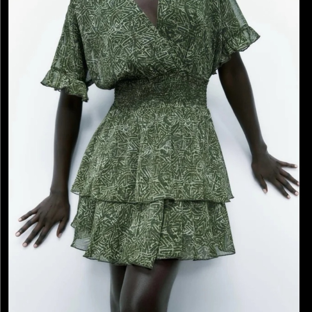 Zara Green and White Ruffled Wrap Mini Dress